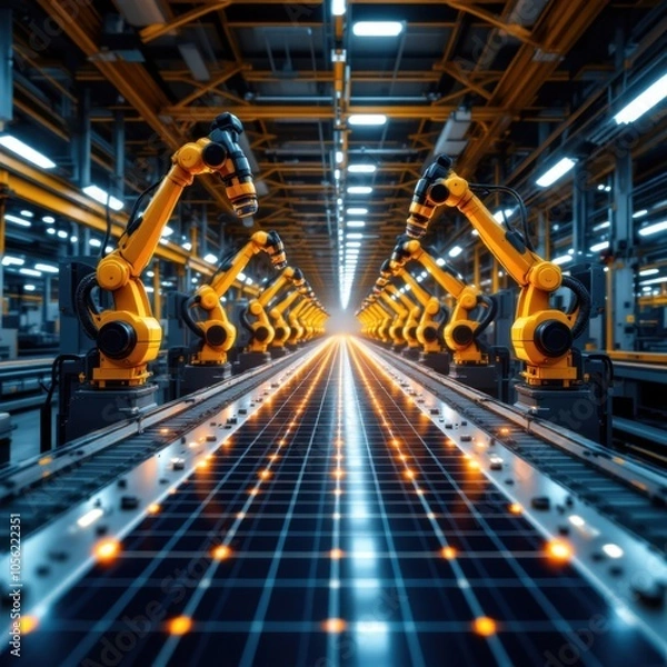 Obraz Advanced High Precision Robot Arms on Fully Automated PCB Assembly Line Inside Modern Electronics Factory. Electronic Devices Production Industry. Component Installation on Circuit Board
