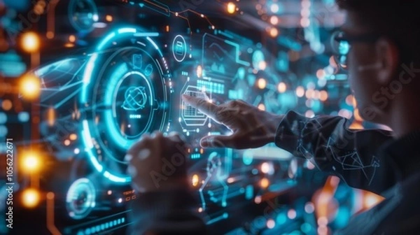 Fototapeta Engineer interacts with a futuristic touchscreen interface, manipulating holographic data and graphical elements in a technologically advanced environment