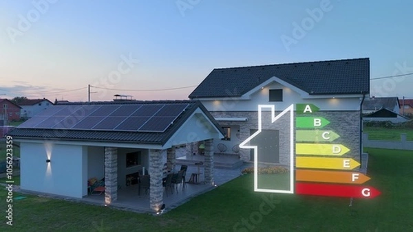 Obraz 3D Graphic of Energy efficiency classes in front of modern house at dusk