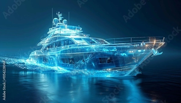 Fototapeta Boat visualization with augmented reality Transparent boat in studio drawing in blue colors, Boat visualization, augmented reality, 