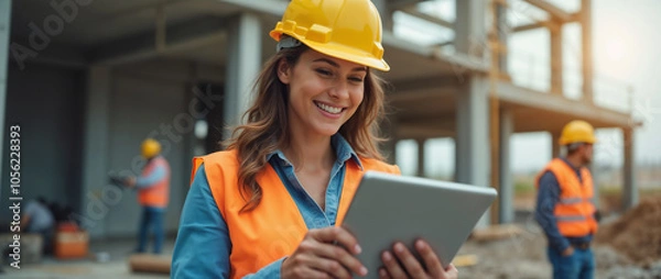 Obraz Smiling female engineer wearing a yellow hard hat and orange safety vest, using a tablet on a construction site, symbolizes modern and efficient project management in engineering.

