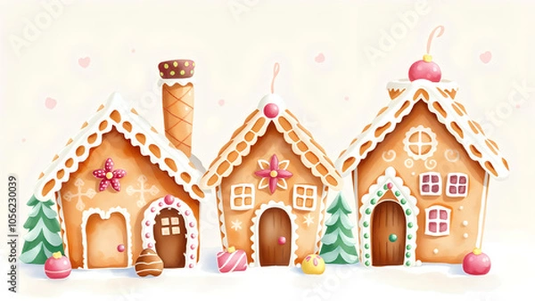 Fototapeta Colorful gingerbread houses decorated with icing and candies on a light background