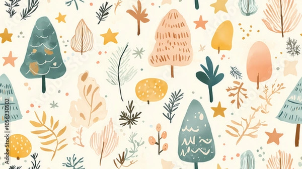 Fototapeta Whimsical watercolor pattern with colorful trees and stars