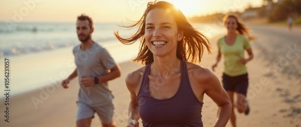 Obraz A group of happy individuals running along the beach at sunset, emphasizing fitness, joy, and a healthy lifestyle. The warm sun enhances the energetic and lively atmosphere.

