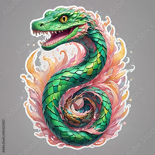 Fototapeta A vibrant green dragon snake coiled among colorful flames and splashes