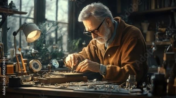 Fototapeta Artistic representation of a jeweler at work, crafting a unique piece, showcasing the skill and creativity involved in jewelry making.