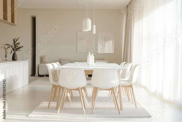 Fototapeta minimalist dining room decorated in warm shades of beige color palette.