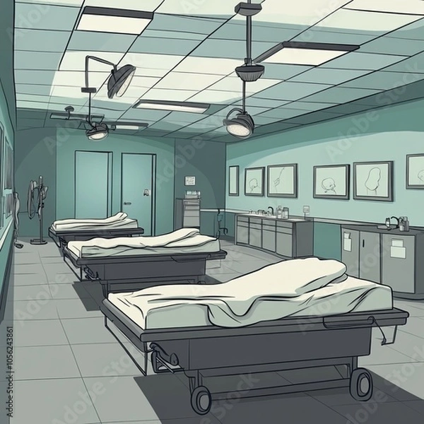 Obraz Cartoon-style interior of a morgue featuring deceased bodies laid out on mortuary tables. The mortuary room includes wheeled beds and various autopsy and embalming equipment in a 2D vector format