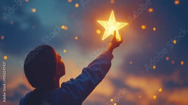 Fototapeta A professional reaching for a glowing star, symbolizing personal achievements and the pursuit of excellence