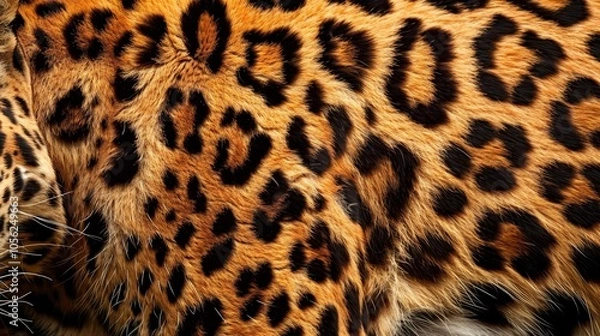 Fototapeta A close-up shot capturing the intricate rosettes and rich texture of a leopard's fur, showcasing the natural beauty and detail of the animal's unique pattern.