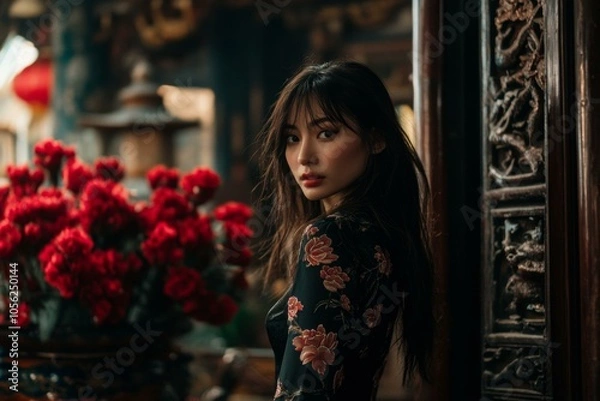 Fototapeta Woman in black dress stands before mirror, capturing elegant reflection in simple, stylish setting.