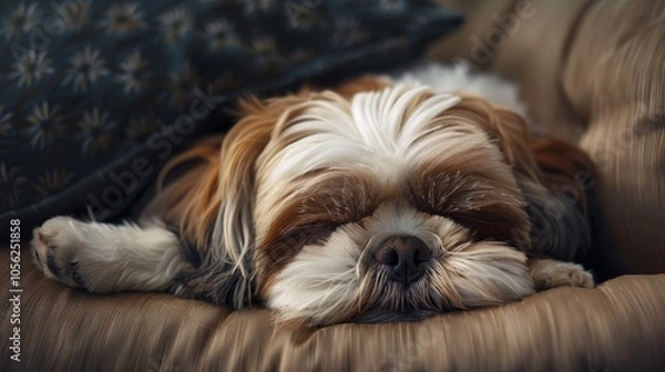 Fototapeta A Shih Tzu dog sleeps peacefully on a soft, comfortable sofa cushion. Its calm expression and fluffy coat make it a perfect picture of complete relaxation.