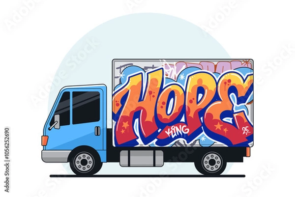 Fototapeta Cartoon truck covered in graffiti. Graffiti on transport. Isolated on white background. Ideal for t-shirt print, wallpaper design, backdrop, etc. Vector illustration