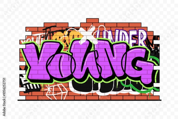 Fototapeta Piece of brick wall covered in graffiti. Cartoon graffiti background with inscription Young. Isolated on transparent background. Ideal for t-shirt print, wallpaper, backdrop. Vector illustration