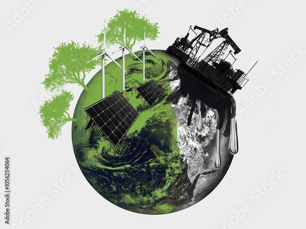 Fototapeta Earth at a crossroads: an ecological collage of green technology and oil.