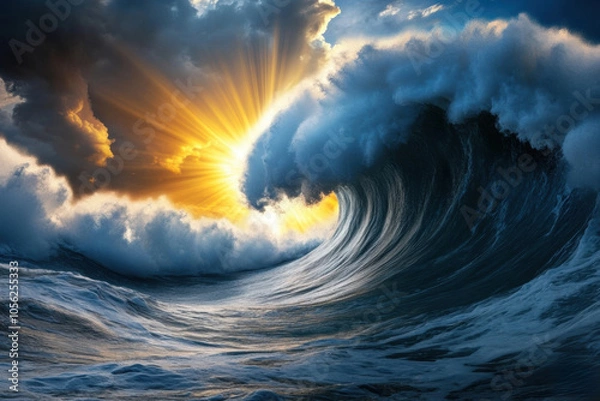 Fototapeta Majestic ocean wave illuminated by a dramatic sunset, creating a powerful scene, AI