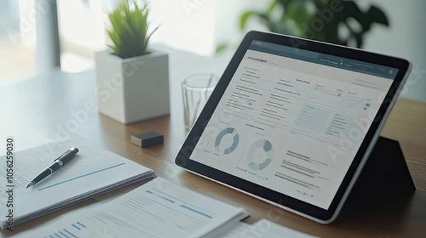 Fototapeta A stylish mockup of accounting software on a tablet, positioned next to printed reports and a stylish pen.