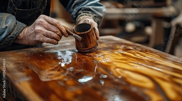 Fototapeta An image showcasing a woodworker's hand applying varnish to a handcrafted piece of furniture, highlighting the beauty of craftsmanship,