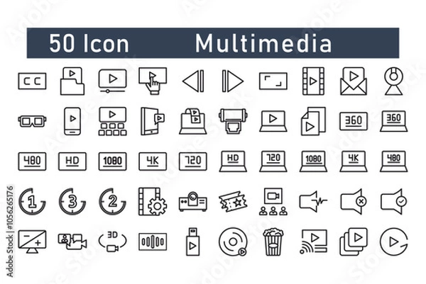 Fototapeta 
50 linear multimedia icon packs. suitable for ui design of apps and websites etc, isolated on white background.