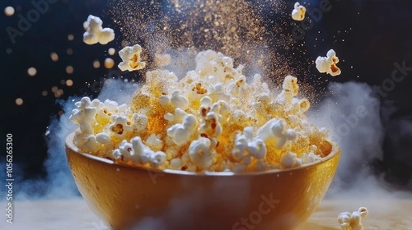 Fototapeta An overflowing bowl of popcorn drizzled with melted butter and seasoning.