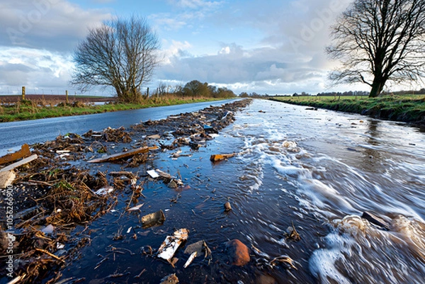 Fototapeta a rural area hit by storm flooding, with muddy water running over the roadway and debris scattered around