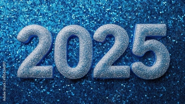Fototapeta Sparkling blue numbers 2025 on a dark background with bokeh effect, symbolizing celebration of the new year.