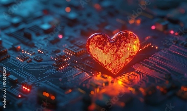 Fototapeta A glowing heart symbol placed on a circuit board, blending technology and emotion in a captivating digital scene