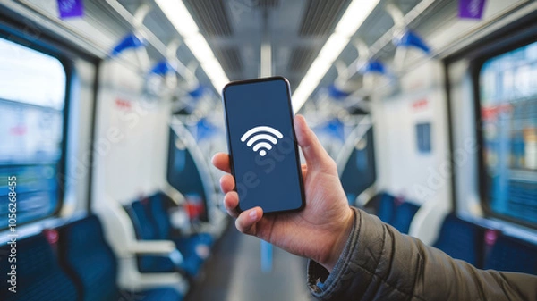 Fototapeta A person is holding a cell phone in a train car with a wifi symbol on the screen. Concept of connectivity and modern technology