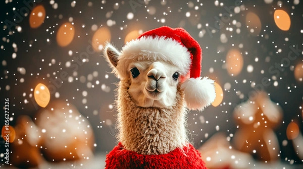 Obraz Xmas vibes - christmas mood - happy funny cute llama / alpaca  wearing santa claus hat in front of christmas tree. Horizontal banner.