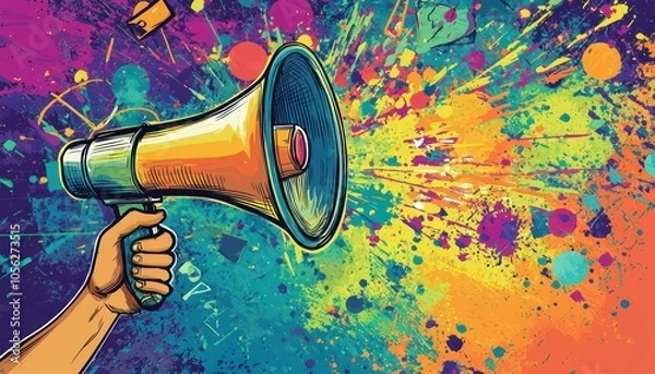 Fototapeta Marketing Megaphone: A hand holds a megaphone against a marketing and sales themed background, emphasizing promotional efforts.