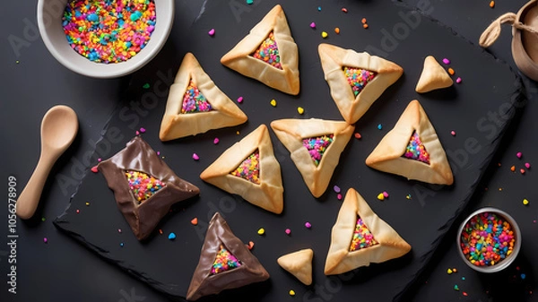 Fototapeta Hamantaschen with Sprinkles and Chocolate on Black Slate