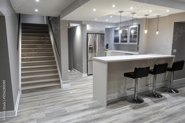 Fototapeta Modern Basement Renovation with a Spacious Room, Staircase, and a White Counter