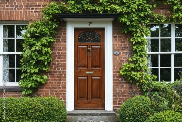 Fototapeta Modern Cottage Entrance: A stylish front door of a modern cottage, inviting into a comfortable and elegant home.