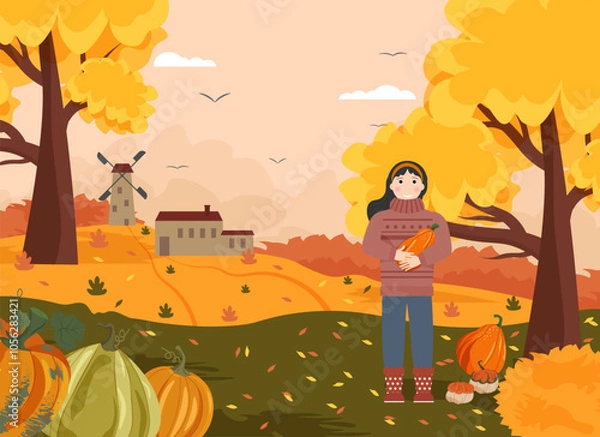 Obraz Girl and pumpkins. Autumn landscape with farm fields. House and mill on the hill. Rural landscape. Road to the house. Autumn trees and yellow fields. Seasonal work of harvesting. Vector illustration