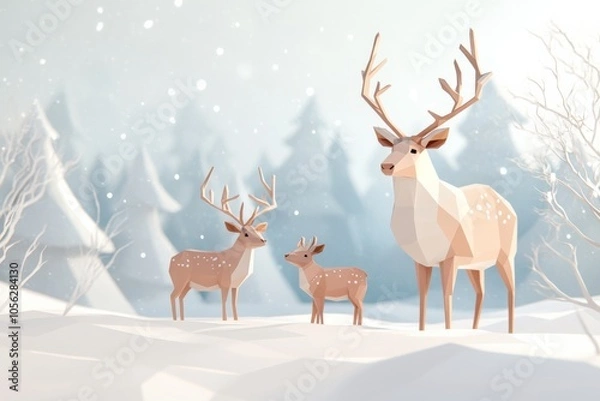 Fototapeta Serene Low Poly Reindeer Family in Pastel Snowy Landscape Evoking Heartwarming Calmness