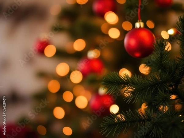 Obraz Christmas tree adorned with sparkling ornaments and glowing bokeh lights set against a vibrant red background, festive, bokeh lights