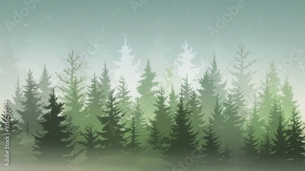 Fototapeta A tranquil landscape featuring a misty evergreen forest, with varying shades of green and a soft atmospheric glow, creating a serene and enchanting mood.