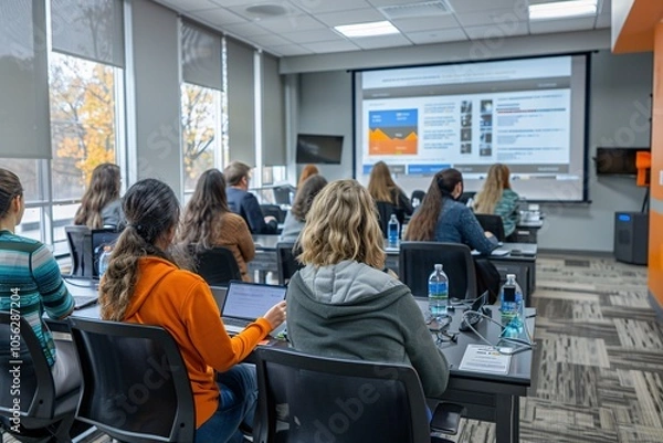 Fototapeta A group of students attentively listens to a presentation in a well-lit, modern classroom. Laptops are open, and the atmosphere is focused on learning