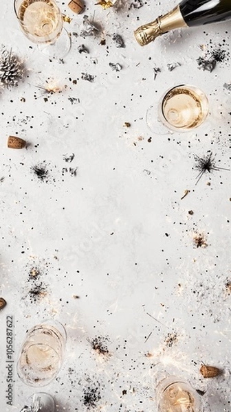 Obraz New Year’s Eve party arrangement with champagne glasses, confetti, and sparklers, viewed from above with an empty middle for text