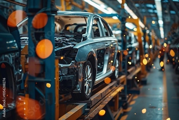 Fototapeta An assembly line filled with partially constructed vehicles is seen, showcasing the intricate automotive manufacturing process inside a bustling factory environment