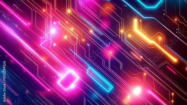 Fototapeta Abstract digital background with neon lines and glowing circuits.