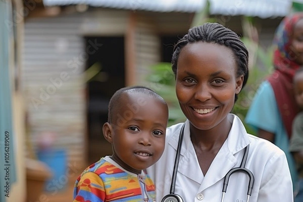 Fototapeta A nurse, wearing a white coat and stethoscope, joyfully holds a young boy in colorful clothing. The setting shows a vibrant community health clinic with homes in the background