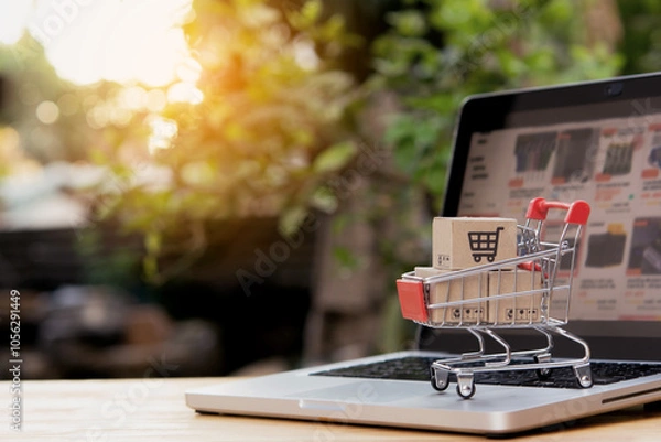 Fototapeta Shopping online. cardboard box with a shopping cart logo in a trolley on laptop keyboard. Shopping service on The online web. offers home delivery