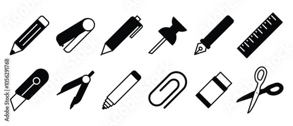 Obraz Office stationery icon pack flat icons. vector pencil, stapler, paper clip, scissors, ballpoint pen, pin, ruler, chalk, compass, marker, eraser, school stationery on transparent background.