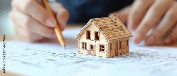 Fototapeta Architectural planning, miniature house model, hand drawing blueprints, design process, creativity and construction concepts