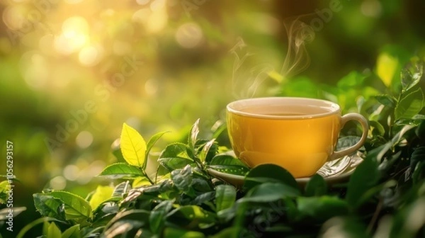 Fototapeta Relaxing Green Tea: A serene cup of green tea surrounded by fresh leaves, capturing the essence of relaxation and natural warmth.