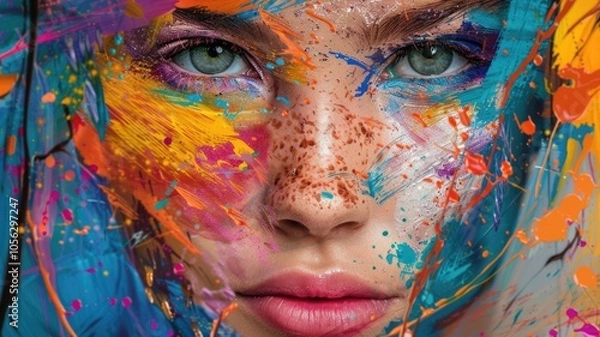 Fototapeta face with freckles portrayed as vibrant paintbrush strokes, each freckle bursting into a splash of color,