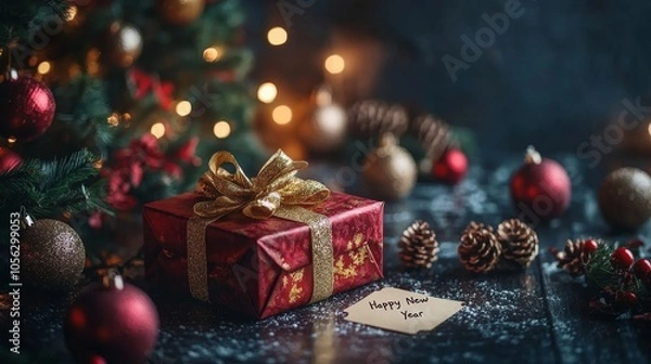 Fototapeta Happy New Year:Luxurious New Year's Gift.Concept of luxury, gifting, and festive cheer,Luxury brands, high-end retailers, gift wrapping services, holiday marketing.Theme of Christmas and New Year cele