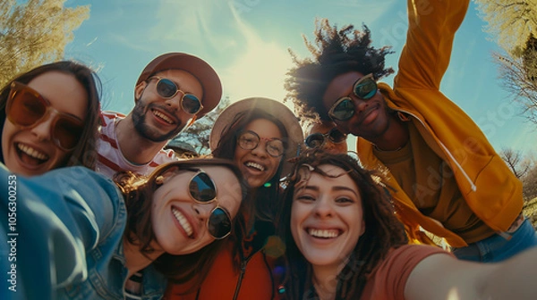Obraz Group of happy friends posing for a selfie on a spring day while partying outdoors, with a mix of multicultural friends enjoying the weekend