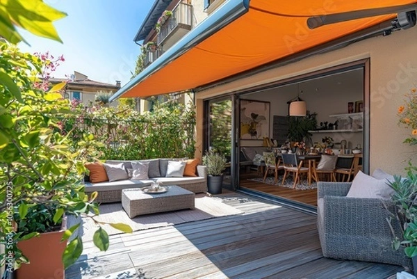 Fototapeta Sunny terrace enhanced with a retractable awning and stylish furniture, ideal for relaxing in a modern outdoor setting.